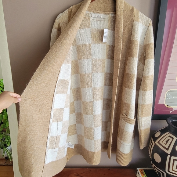 LOFT Women’s Open Front Ribbed Cardigan Beige & White Knit Size M NWT Soft - Picture 5 of 9